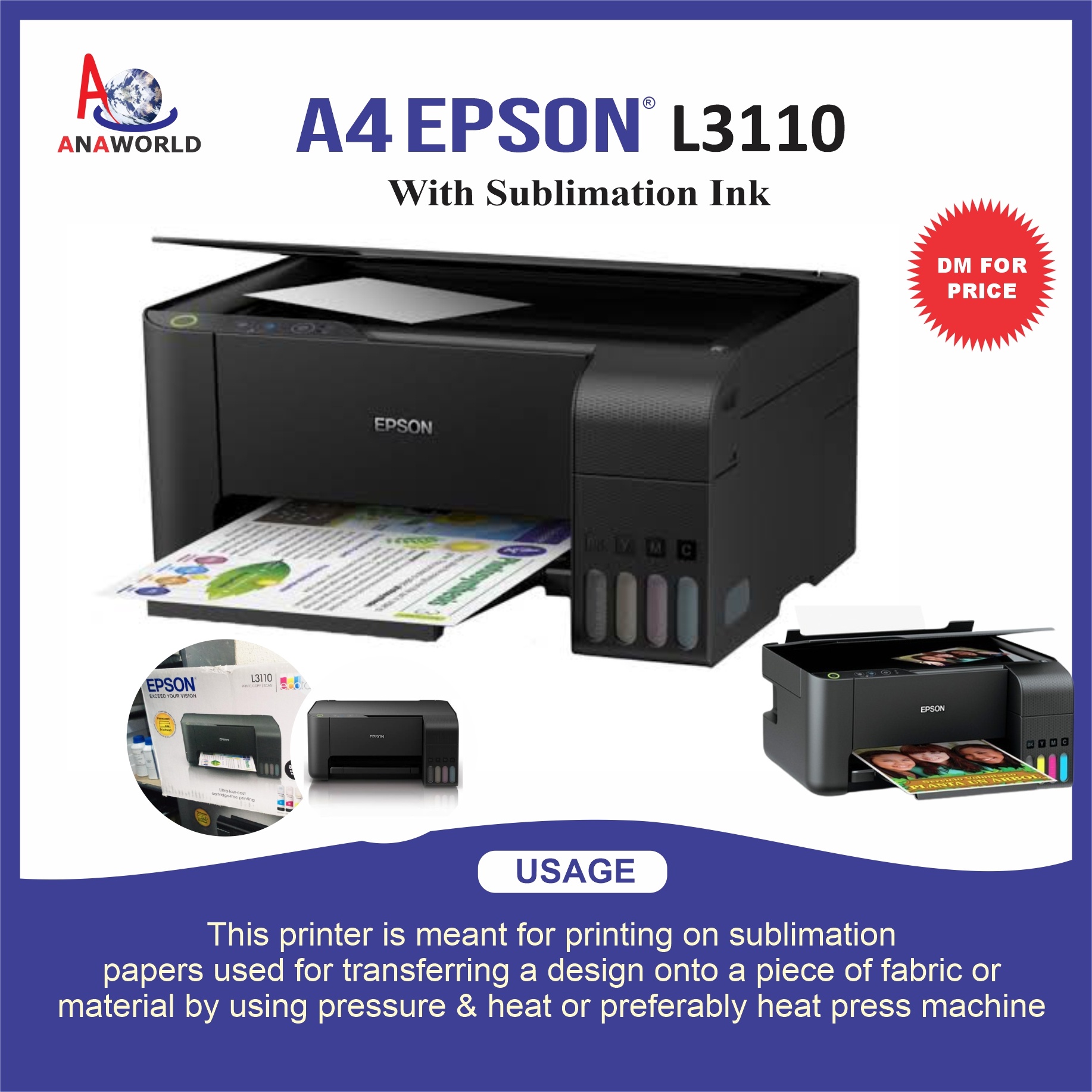 A4 Size EPSON L3110 Sublimation Printer for Heat Transfer